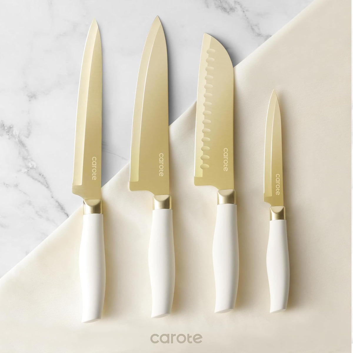 Kitchen Knife Set, 6 Gold Knives with 6 Blade Guards, 12-Piece | Stainless Steel Blades, Ceramic Nonstick Coating, Long-Lasting Sharpness, Rust-Resistant, Non-Slip, Dishwasher Safe