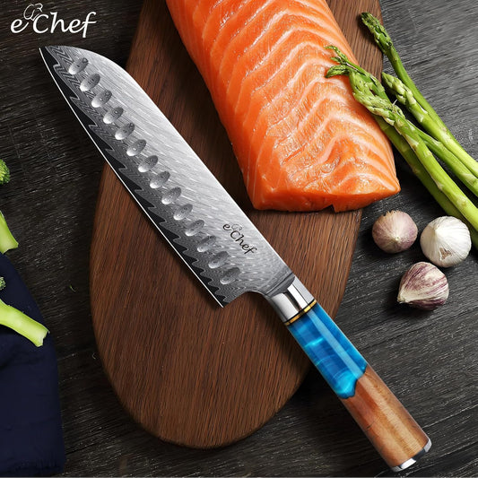 7-inch Santoku Knife, Professional Damascus VG10 Steel Kitchen Chef Knife, Wood Grain Resin Handle, Comes with Gift Box (7.5-inch Santoku knife)