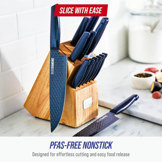 Blue Diamond Sharp Stone 14 Piece Knife Block Set, PFAS-Free Nonstick Diamond Textured Stainless Steel Blades, Rust Resistant Kitchen Cutlery, Chef & Steak Knives, Dishwasher Safe, Navy
