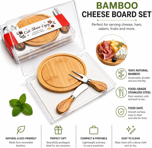 6-Inch Bamboo Cheese Board Set with Knife & Fork, Personal Charcuterie Board & Dessert Plate, Reusable PP Storage Box, Gift-Ready for Wedding, Bridal Shower, Baby Shower, Party, 1 Pack