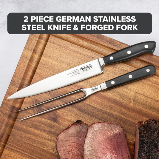 2-Piece Carving Knife and Fork Set, 8 Inch German Stainless Steel Knife and Fork with Ergonomic Handles for Turkey, Roasts and Chicken, Black