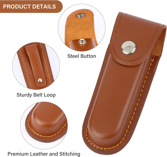 Leather Pocket Knife Sheath, 4" Folding Knife Case, Durable Multitool Holster with Snap Closure and Belt Loop, EDC Knife Pouch for Multitools, Pocket Knives, and Outdoor Activities, Brown