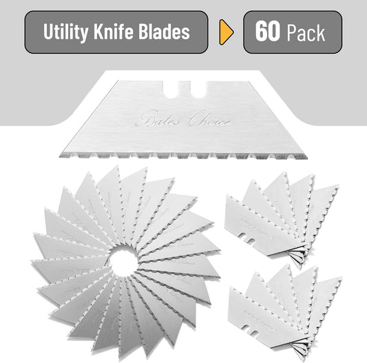 Bates- Utility Knife Blades, Serrated Edge, 60 Pack, Silver, Carbon Steel, Replacement Blade for Box Cutters