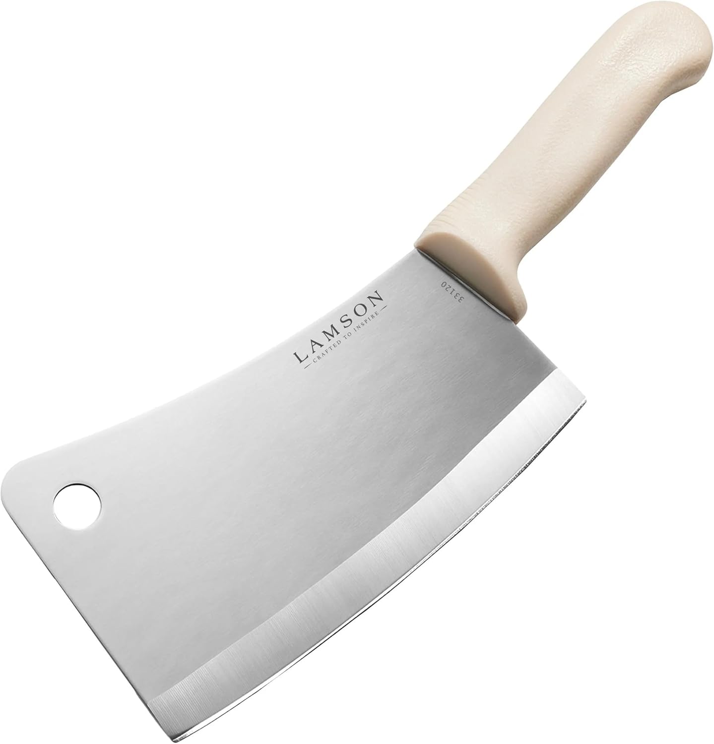 Lamson Meat Cleaver, 7.25 In High Carbon Steel Bone Knife, Walnut | Splits chicken joints and pork ribs; broad face crushes garlic; brass-riveted handle; handcrafted in Massachusetts
