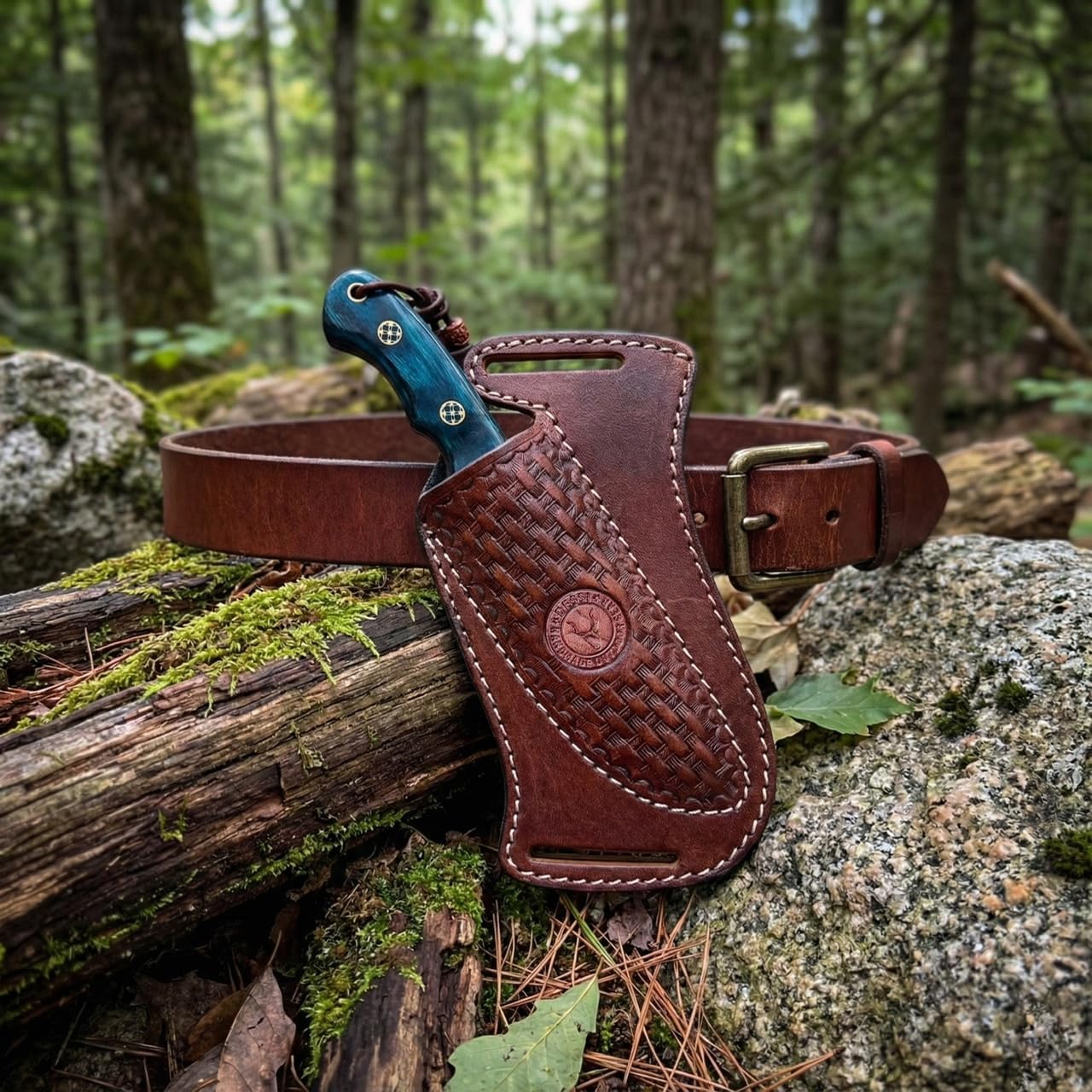 Cross Side Draw Knife Sheath for Belt, Italian Cowhide Tooled Pancake Holster, Horizontal Carry for Fixed Blade Hunting/EDC, Fits 3.5-5.5 in Blade, SM157