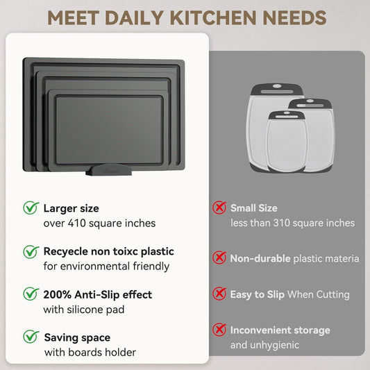 3-Piece Plastic Cutting Boards for Kitchen - Thick & Non-Slip Chopping Board Set with Juice Grooves, Dishwasher Safe, BPA Free, Includes Large & Small Sizes, Gray