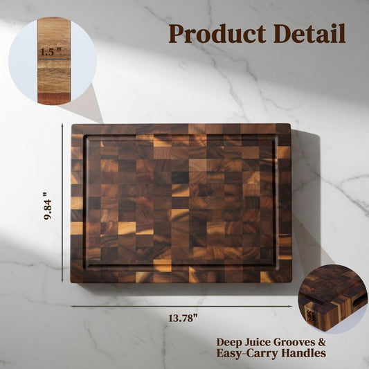 End Grain Acacia Wood Cutting Board 14" x 10" x 1.5", Thick Butcher Block with Deep Juice Groove & Handles. Knife Friendly Solid Hardwood Board for Meat, Chopping, Carving & BBQ by New M Way