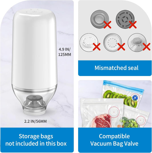 Portable Handheld Food Vacuum Sealer, White(Pump Only) | Powerful Suction Compatible with Reusable Vacuum Bags, Ideal for Food Storage & Camping