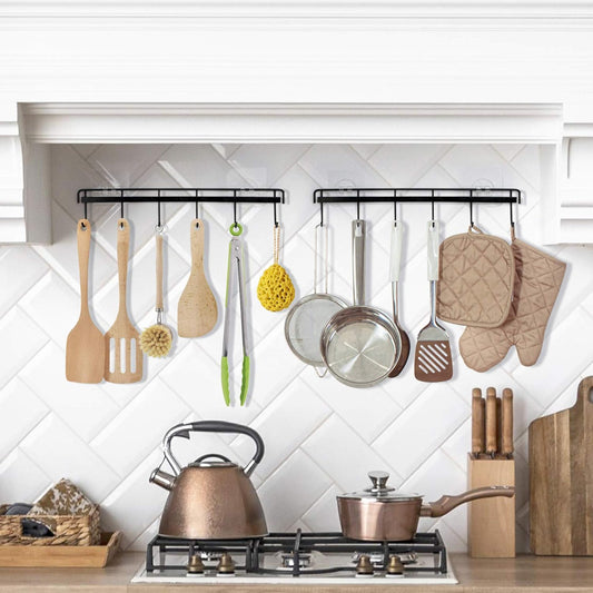 Adhesive Wall Hooks Rack Kitchen Rail, Space Saving Utensil Holder No Drilling Wall Mounted Accessory Hanger with 6 Hooks for Kitchen Bathroom Bedroom Pack of 2 (Black)