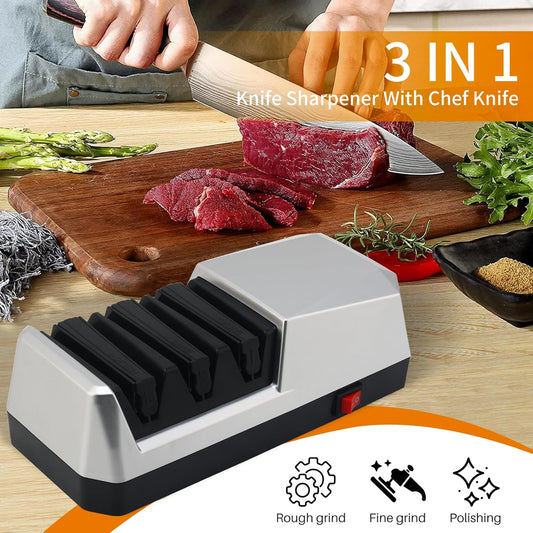Electric Knife Sharpener with 3-step Sharpening System and Diamond Abrasives, Suitable for Most Metal and Ceramic Knives. The Knife Sharpener comes with the Angle Guide Function (ETJ004COMB)