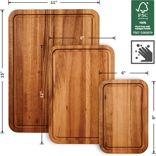 FSC Certified Brazilian Tigerwood Cutting and Serving Board Set | 3 Pack (15 x 11-in, 12 x 8-in and 9 x 6-in)