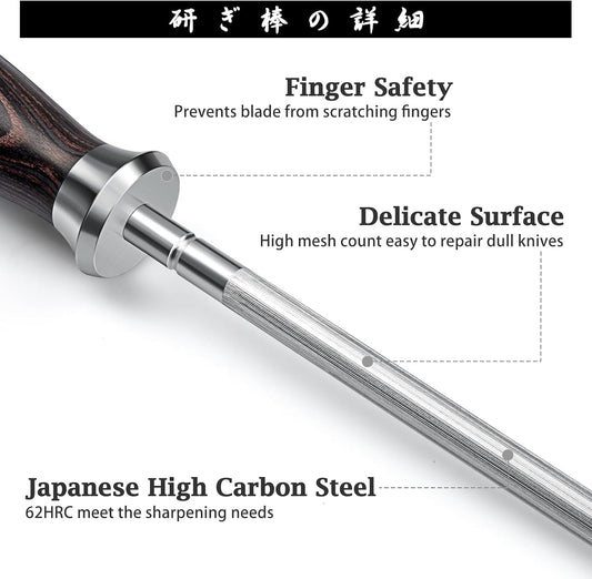 Honing Rod, 10 Inch Professional Kitchen Knife Sharpener Rod | Japanese High Carbon Knife Sharpening Steel with Ergonomic Pakkawood Handle, Ideal for All Chef Knives, Gift for Chefs