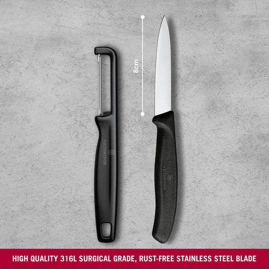 Swiss Classic 2 PC Paring Knife and I-Peeler Set, Black | Swiss-made stainless steel blades with ergonomic handles, dishwasher safe, and lightweight for precision food prep