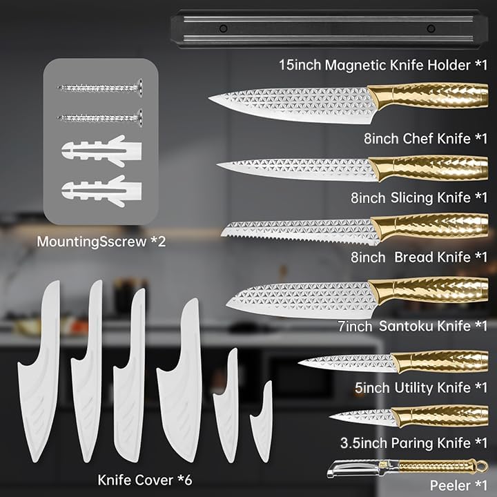 Kitchen Knife Set 14 Pcs with Magnet Holder, Strong Magnetic Knife Strip for Wall, Knives Block Set with Sheath, Chef Knives and Santoku Knives, Stainless Steel Blade, Dishwasher Safe -Silver