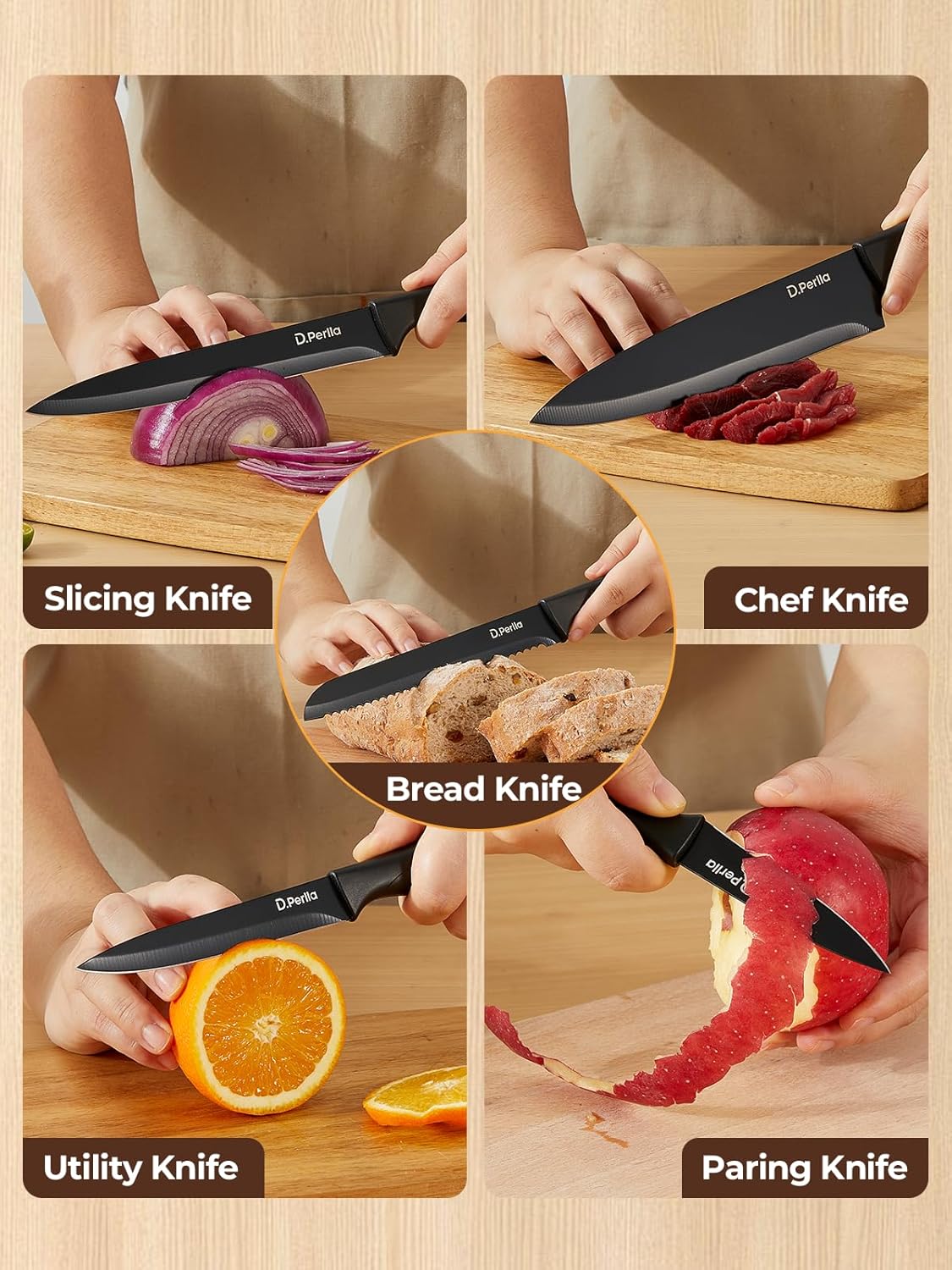 Knife Set, 8-Piece Kitchen Knife Set with Built-in Sharpener, Dishwasher Safe Non-stick & Non Rust, Black Coating Stainless Steel Knife Block Set, Sharp Chef Knives with Universal Knife Block