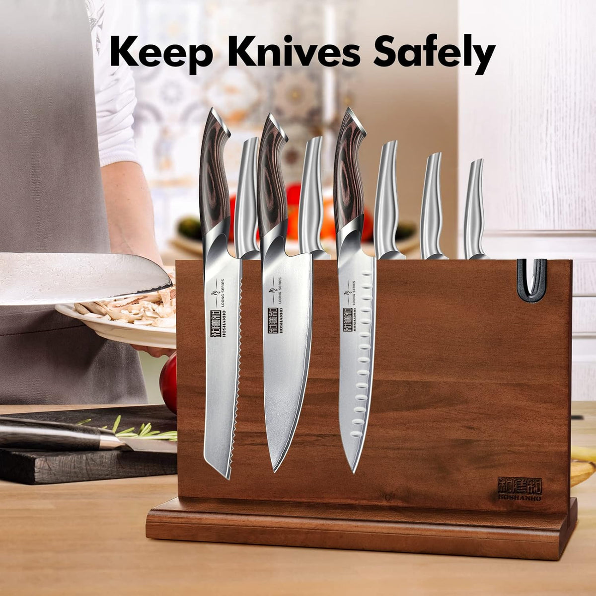 Magnetic Knife Block, Thickened Acacia Wood Kitchen Knife Holder