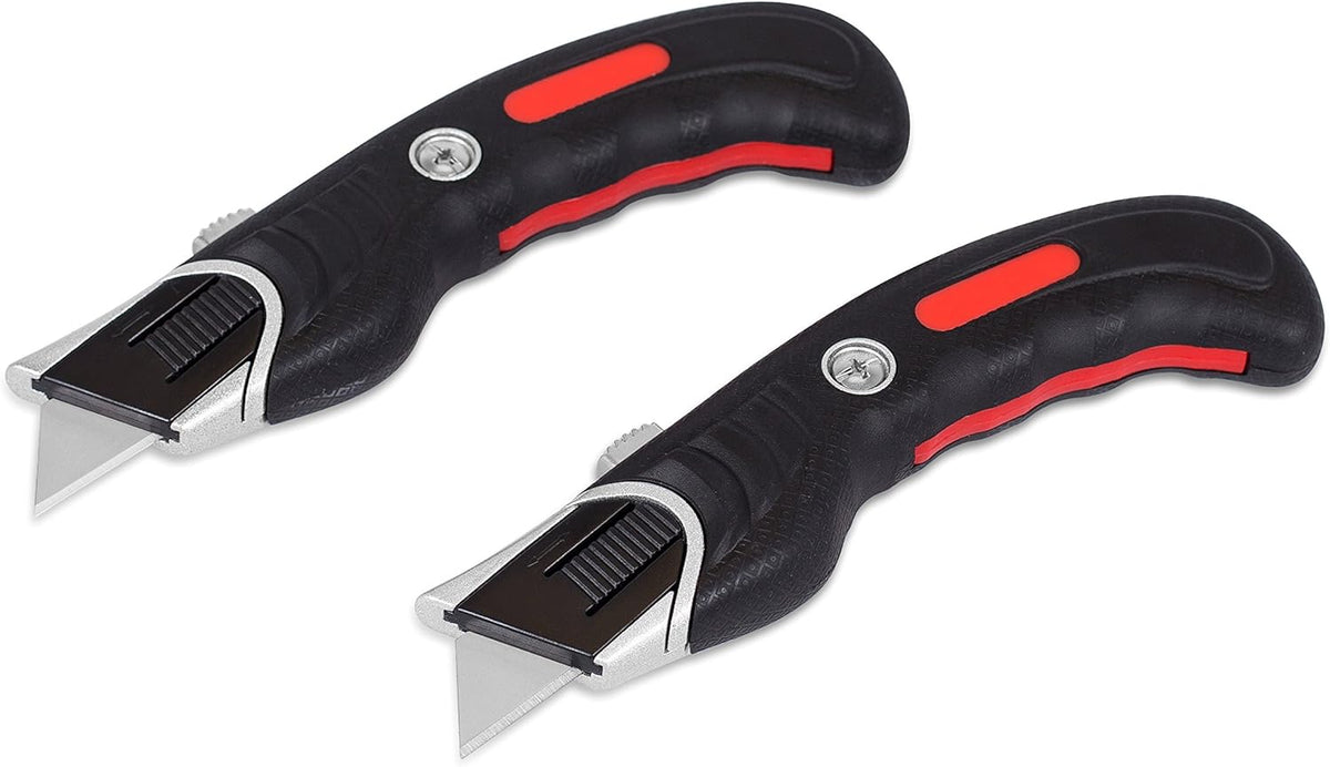INTERNET'S BEST Ergonomic Utility Knife Set | Retractable Box Cutter with Rubber Handle | For Cutting Cardboard, Carpet & Plastic | Blade Storage in Handle | Includes 2 Razor Knives & 3 Extra Blades