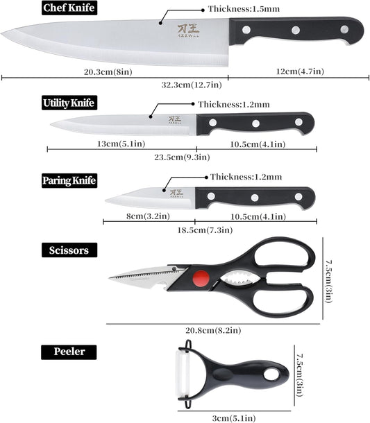 5 Pieces Kitchen knife Set, Knife Set Without Block with Sheathes, Stainless Steel Sharp Blade and Comfortable Handle, Chef Knife Set with Kitchen Scissors and Peeler for Cooking