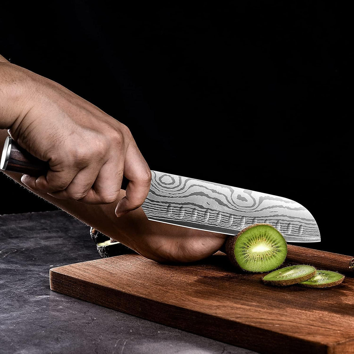 7" Santoku Knife with Blade Guard, Hollow Edge Chef's Santoku Knife 7-inch Stainless Steel Japanese Chefs Knife for Kitchen Vegetables Fruits Meat, Ergonomic Pakkawood Handle, Gift Box