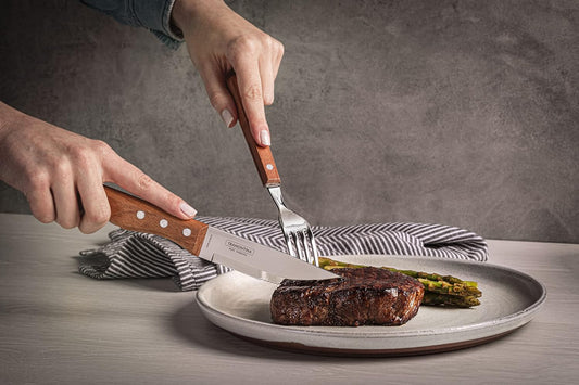 5” Jumbo Steak Knives Set of 4, Sharp Knife with Wooden Handle, Camping, Kitchen, Rustic, 22399079 | FSC certified, rust-proof, serrated edge