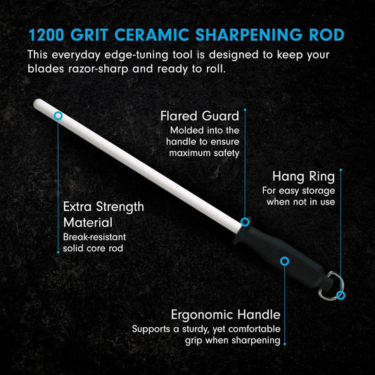 12” Ceramic Sharpening Rod - Knife Sharpener - Fine 1200 Grit - Ceramic Core, Large Sharpening Surface & Soft-Grip Handle