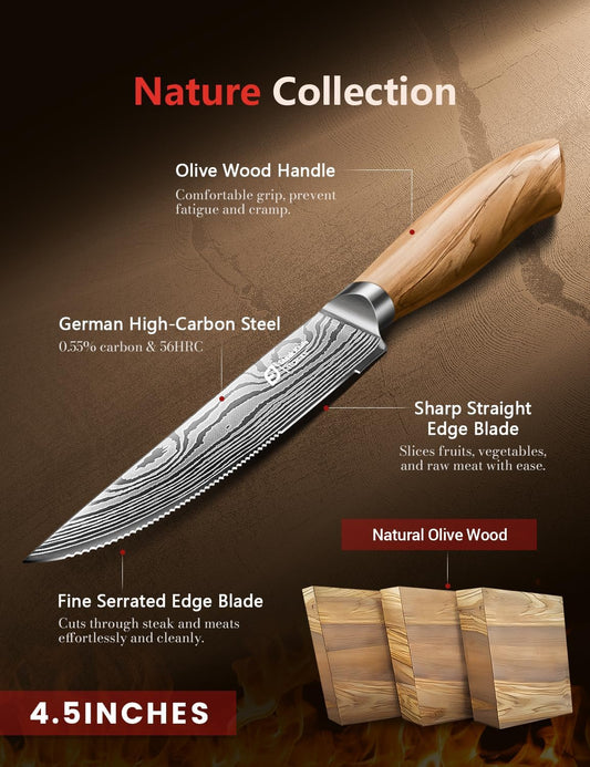 Steak Knives Set of 6, 4.5 Inches Serrated Steak Knife Set, German Stainless Steel Kitchen Steak Knives with Original Olive Wood Handle and Wooden Gift Box