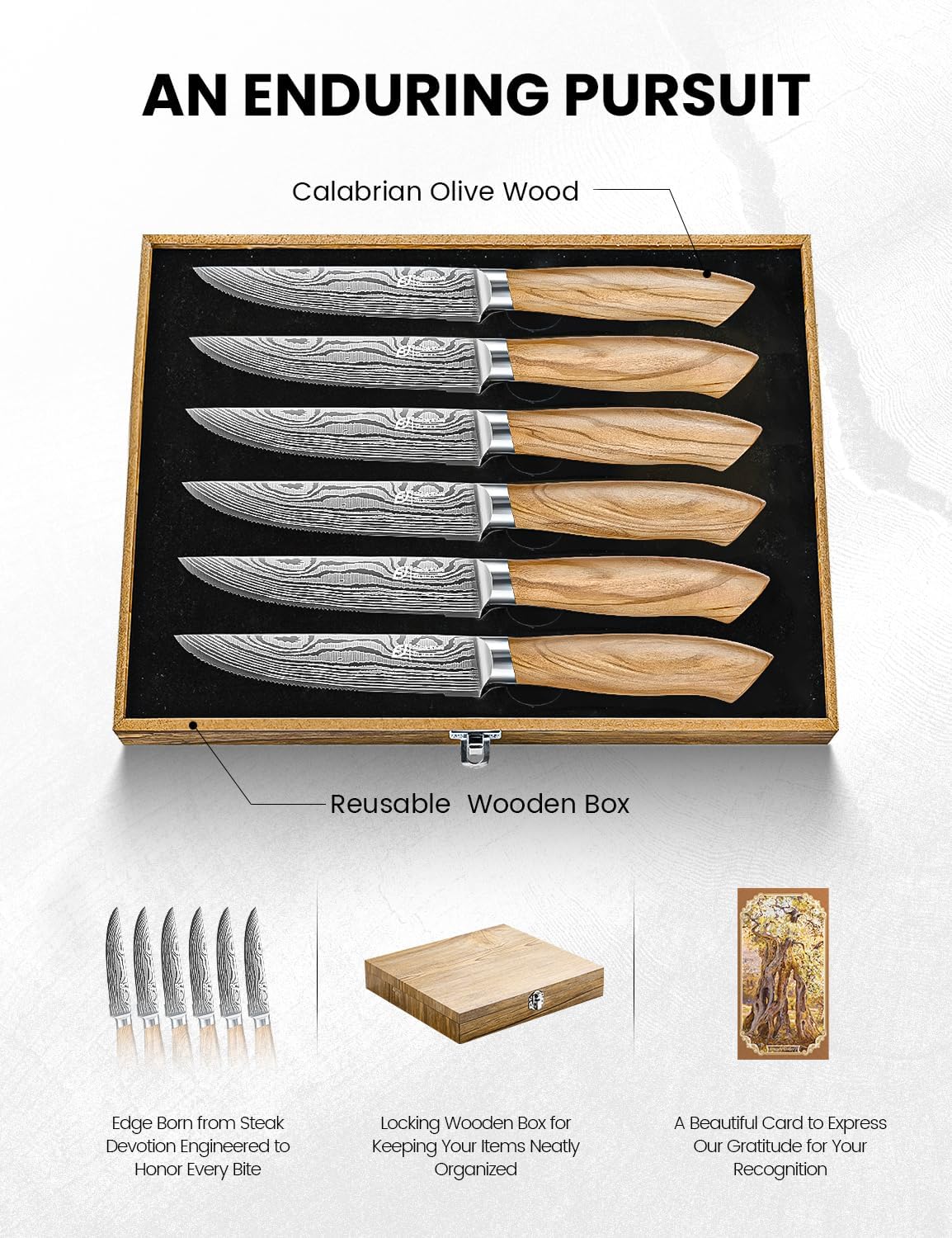 Steak Knives Set of 6, 4.5 Inches Serrated Steak Knife Set, German Stainless Steel Kitchen Steak Knives with Original Olive Wood Handle and Wooden Gift Box