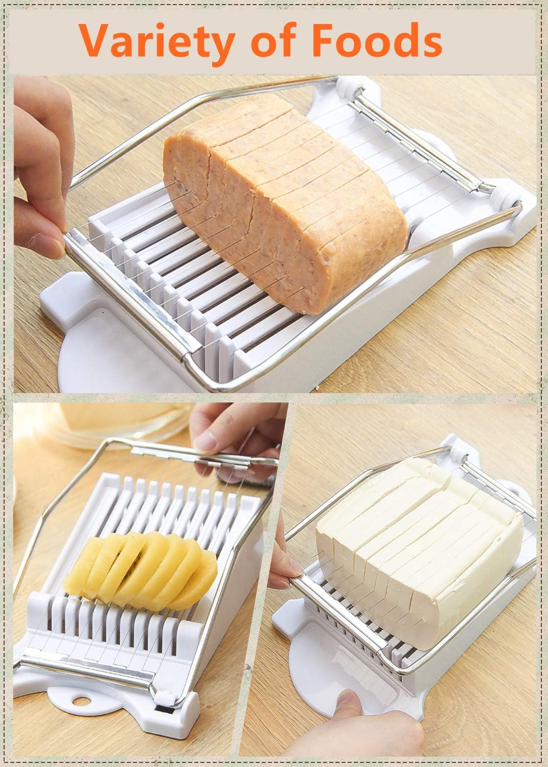 Luncheon Meat Slicer, Boiled Egg Slicer, Banana Watermelon Slicer, Stainless Steel Wire 10-Wire Slicer, Ham, Cheese, Egg, Vegetable, Fruit, Soft Food Cutting Tool (White)