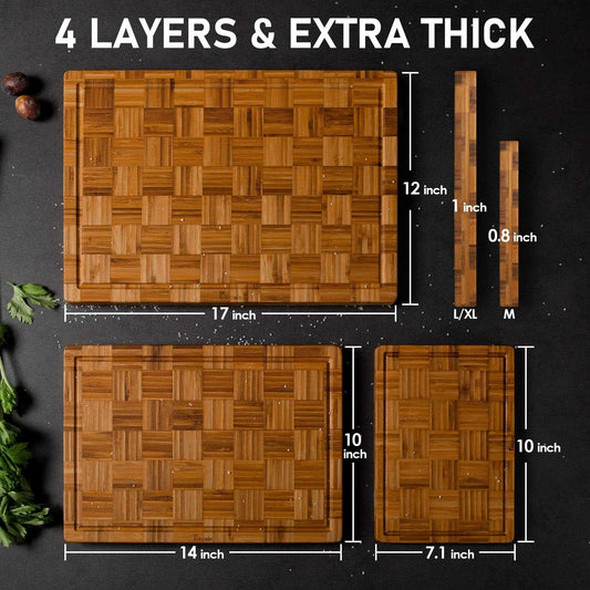 Extra Large Bamboo Cutting Boards, (Set of 3) Chopping Boards with Juice Groove Bamboo Wood Cutting Board Set Butcher Block for Kitchen, End Grain Serving Tray