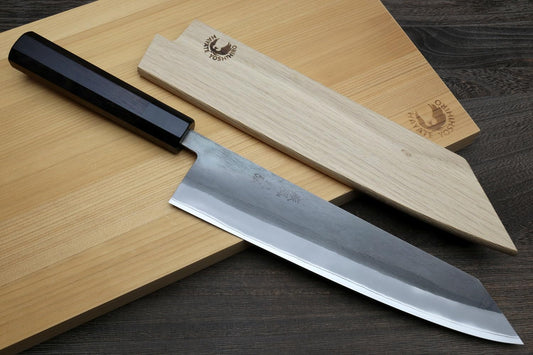 Yoshihiro Kurouchi Black-Forged High Carbon Blue Steel Stainless Clad Kiritsuke Japanese Multipurpose Knife Ebony Handle (8.25" (210mm) & Saya)
