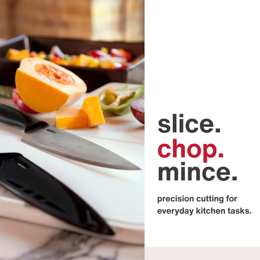 Chef's Knife with Sheath Cover - Stainless Steel Knife - Fruit, Vegetable, Herbs & Meats Knife - Travel Knife with Safety Kitchen Blade Guards - Dishwasher & Hand Wash Safe - 7.25" - Black