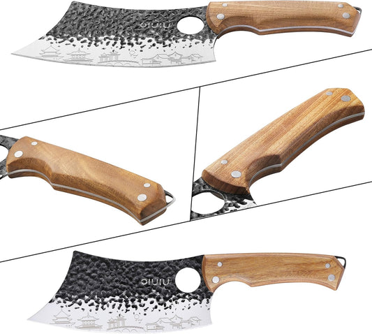 3PCS Butcher Knife Set, 7" Butcher Meat Cleaver, 7" Serbian Chef Knife and 6.5" Viking Knife, Kitchen Knife Set with wood Handle, Great for Indoor & Outdoor (Unique Pattern)
