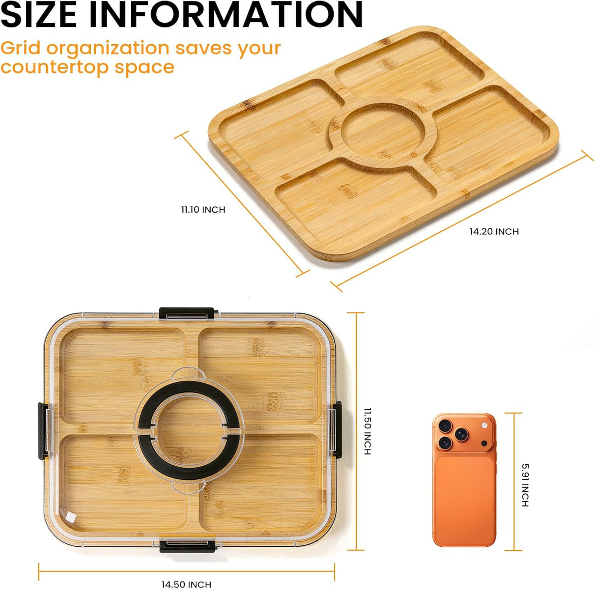 Portable Charcuterie Board with Clear Lid, Cheese & Snack Tray | Reversible bamboo tray with clear lid and 6 compartments for cheese fruit crackers parties light travel and housewarming gift