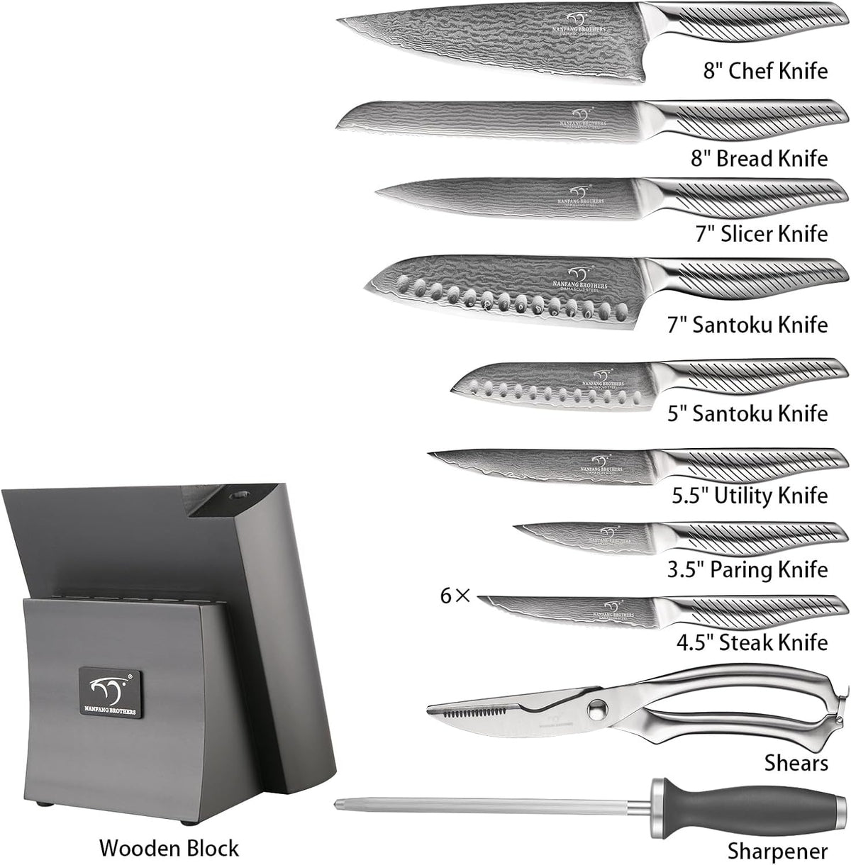 ® Knife Set with Magnetic Knife Block 6-piece set | Acacia wood magnetic block; 6-piece set for home kitchen; Anti-slip stainless steel handle; ready to use