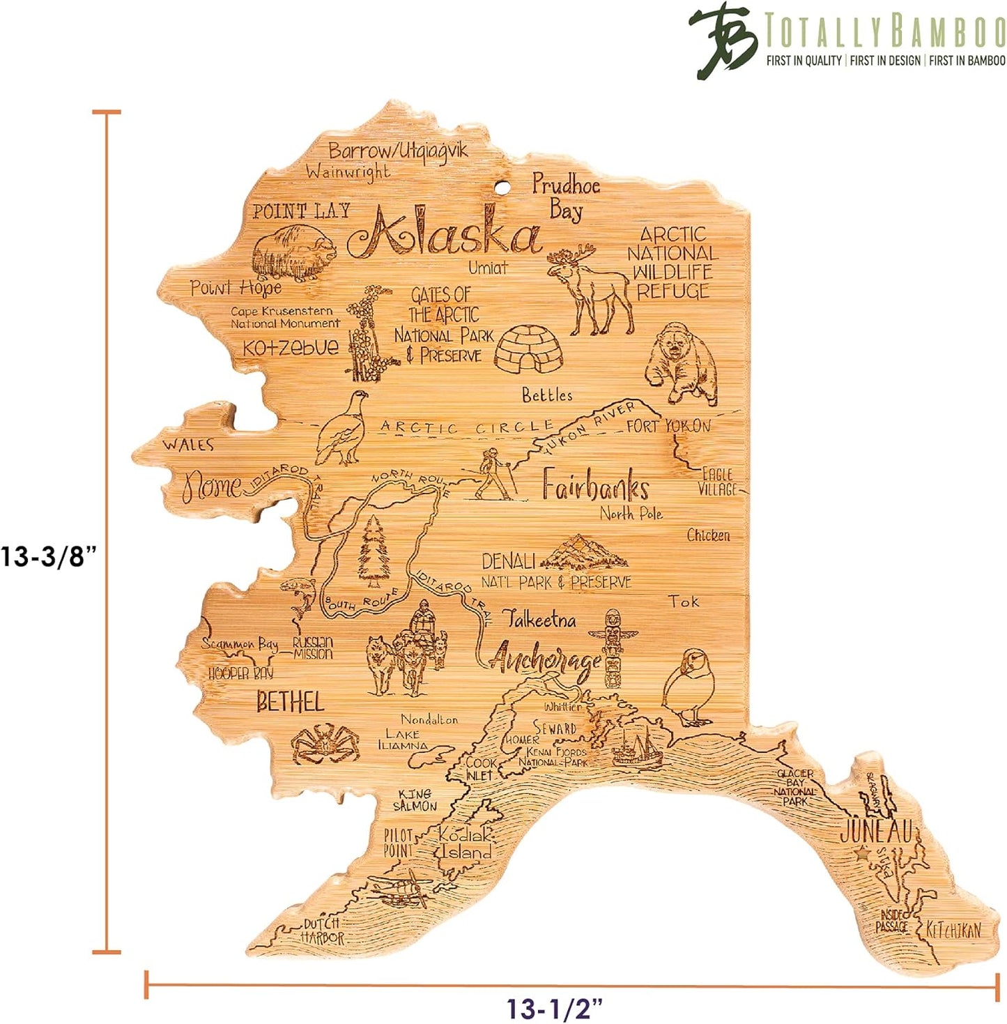 Destination Alaska State Shaped Cutting Board | State charcuterie serving board with engraved map artwork. Smooth reverse side for food prep. Hang tie for wall display.