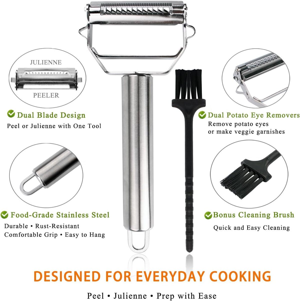 Potato Apple Vegetable Peeler Julienne Peeler for Kitchen - 3 in 1 Y Peeler for Fruit Veggie Carrot Cucumber Zucchini, Sharp Stainless Steel Peeler with Cleaning Brush