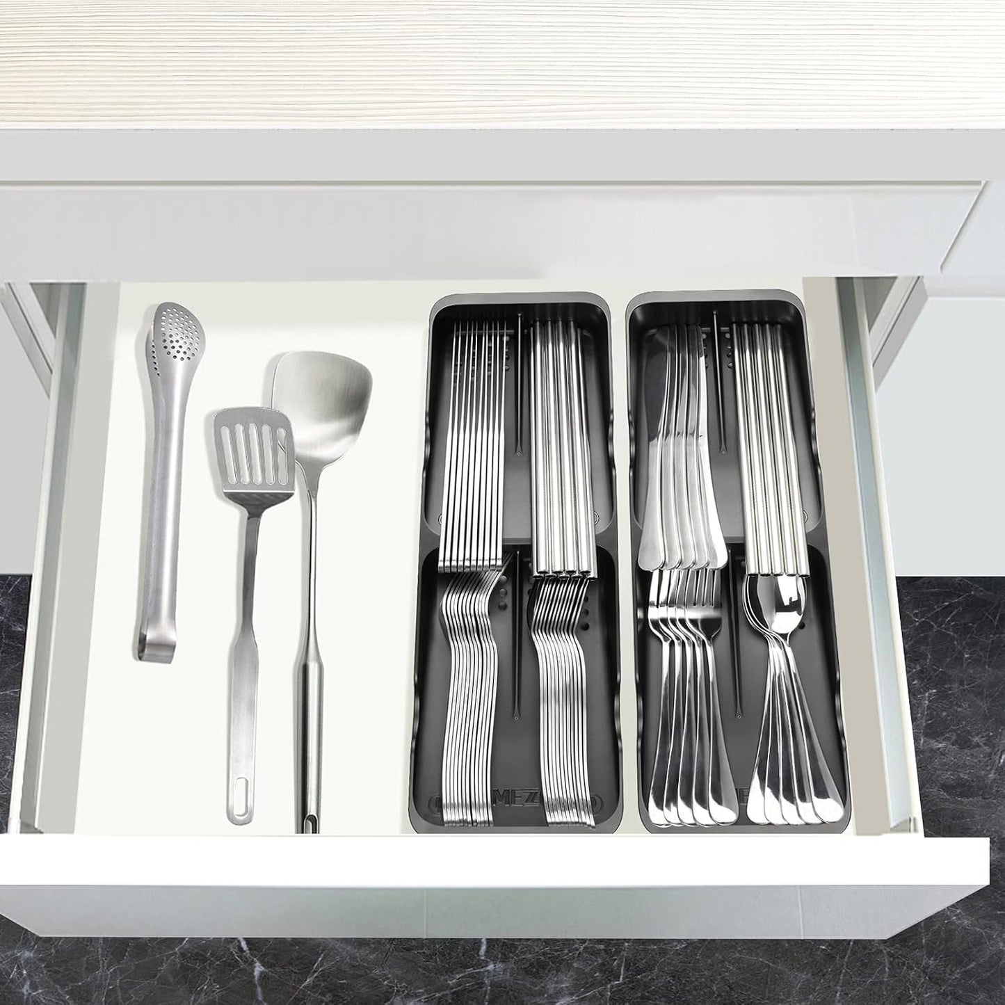 Kitchen Drawer Organizer Small Silverware Organizer/Utensil Holder and Cutlery Tray for Flatware and Silverware Partition Storage (Black - Flatware Organizers Only)