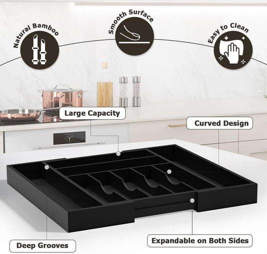 Utensil Organizer Silverware Drawer Organizer - Bamboo Expandable Cutlery Tray with Dividers for Utensil Holder Office Storage Makeup Desk Drawer Tool Organization W13.5"-19.5" x L17.5" x H2.5"(Black) | Expandable