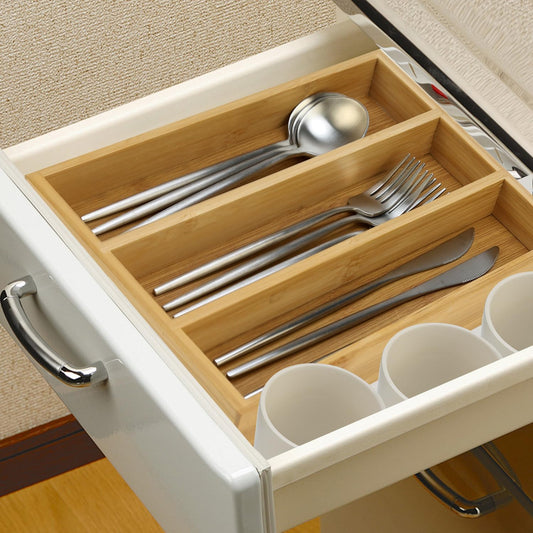 Small Bamboo Silverware Drawer Organizer Kitchen Utensil Spoon Cutlery Tray | Compact 3 Slot Spoon and Fork Tray Skinny Flatware Narrow Cutlery Utensil Holder Short Knife Trays Slim Silverware Organizers