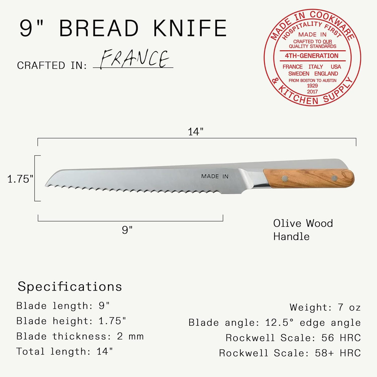 Cookware - 9" Bread Knife France - Full Tang with Harbour Blue Handle