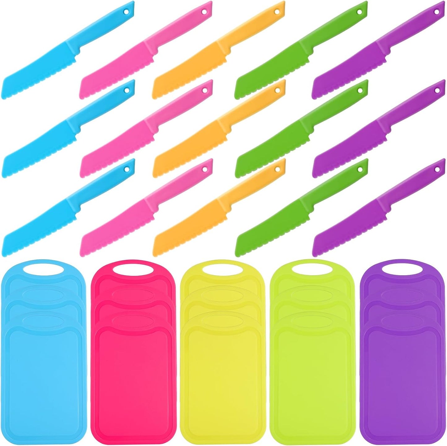 30 Pcs Kids Plastic Knife Set with Cutting Board, Plastic Safe Knives Toddler Cutting Board Colorful Toddler Kids Cooking Utensils for Salad Fruit Vegetables