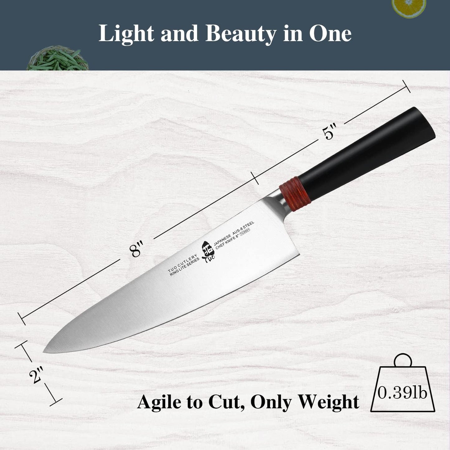 Chef Knife 8 inch Kitchen Knife Cooking Knife Chef's Knife Pro Japanese Gyuto Knife for Vegetable Fruit and Meat, AUS-8 High Carbon Stainless Steel with Ergonomic Handle Gift Box, Ring Lite Series