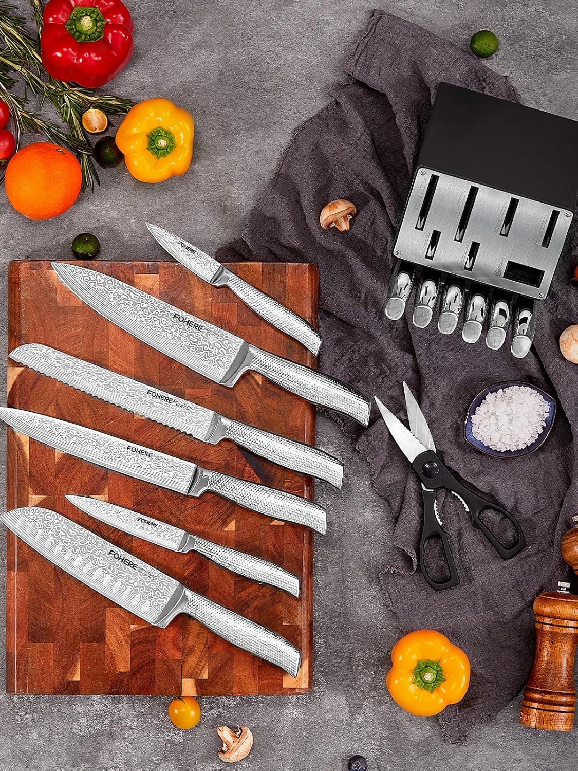 Knife Set, FOHERE 7 Pieces Kitchen Knife Set with Built-in 5 x Sharpeners, Waved Texture Knife Set with Block, Stainless Steel Knife Block Set, Sharp Knives Set with Ergonomic Handle