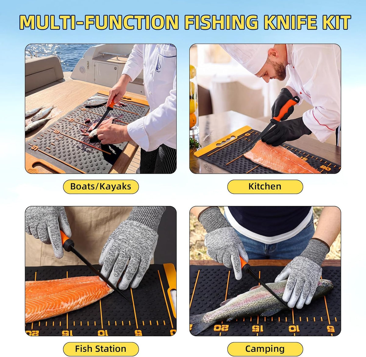 7 Pcs Fish Fillet Knife Set Fishing Cleaning Kit with 7" Stainless Steel Fillet Knife Non-slip Silicone Fish Mat Digital Scale Sharpener Scaler Cut Resistant Gloves Carrying Bag(Orange)