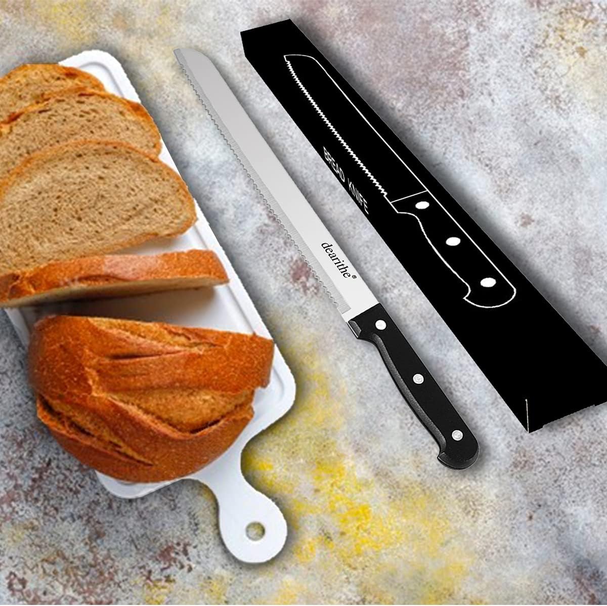 Serrated-Bread Knife 10 Inch, Black | Full-Tang and Triple Rivet, Stainless Sharp Wavy Edge, Wide Bread Cutter