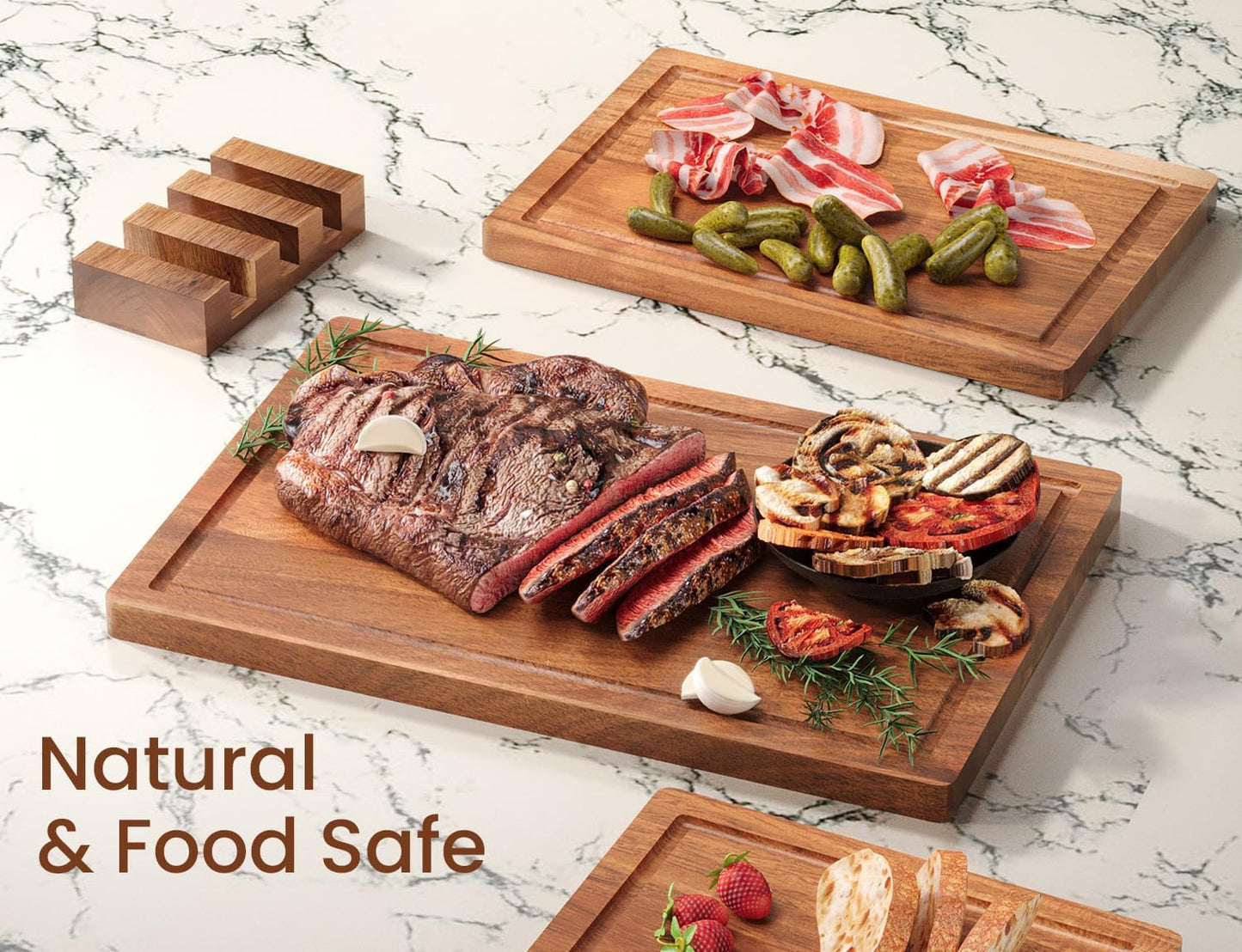 Set of 3 Acacia Wood Cutting Board Set,Wooden Chopping Boards with Juice Groove and Stand Holder for Kitchen,Butcher Block for Meat,Vegetables, Fruit