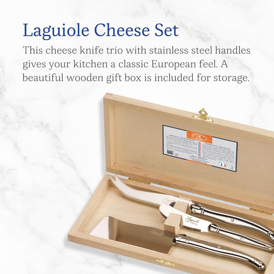 Laguiole 3-Piece Cheese Knife Set, Stainless Steel Handles - Rust-Resistant Stainless Steel - Includes Wooden Box - Made in France