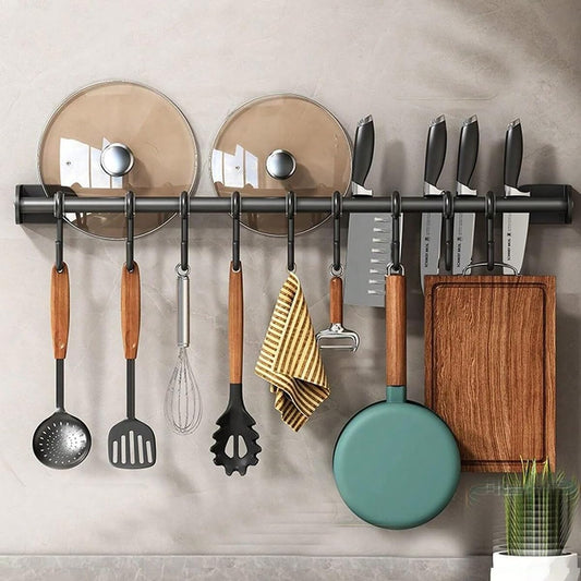Modern Kitchen Utensil Rack, Black Wall-Mounted Hanging Rod with 6 Movable Hooks, 15.75 Inch Metal Storage Organizer