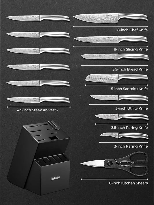 16 PCS Kitchen Knife Set with Block and Sharpener, Ultra Sharp | High Grade Stainless Steel Knife Set, Rust Resistant Knives, Black