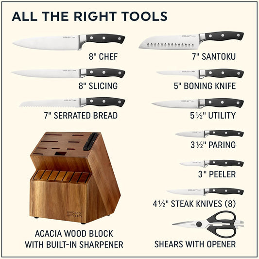 Insignia Triple Rivet Poly (18-PC) Kitchen Knife Block Set With Wooden Block & Built-In Sharpener, Black Ergonomic Handles and Sharp Stainless Steel Professional Chef Knife Set